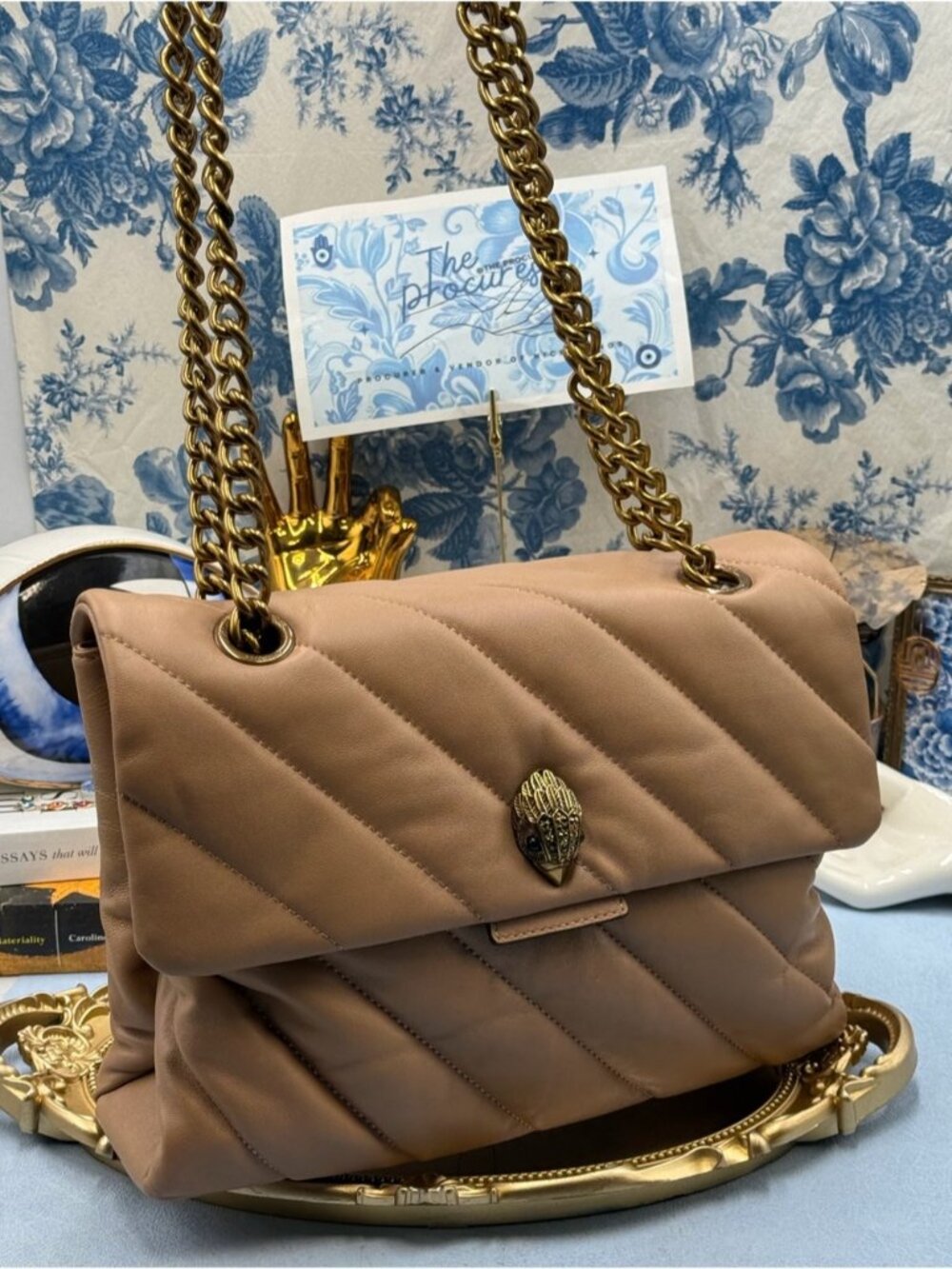 🆕 KURT GEIGER LONDON 🧿 NWOT Large Quilted Leather Soho Shoulder Bag, Camel